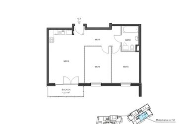 Rzut - Mieszkanie na sprzedaż 3 pokoje o powierzchni 61,09 m² - numer 57 w Wzgórze Krzemionki II