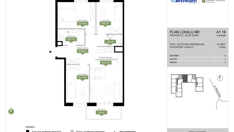 Rzut - Mieszkanie na sprzedaż 4 pokoje o powierzchni 67,96 m² - numer A1 19 w Zakątek Telimeny