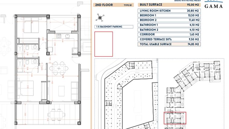 Rzut - Mieszkanie na sprzedaż 2 pokoje o powierzchni 95 m² - numer 18 w Velapi II - Murcia