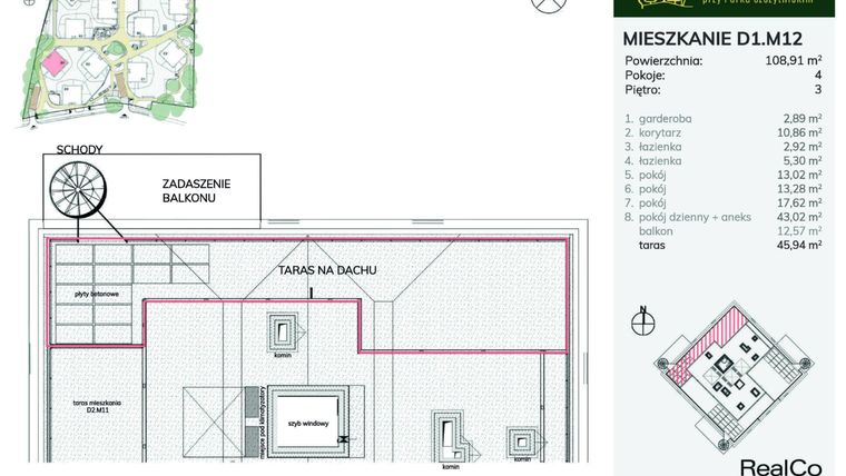 Rzut - Mieszkanie na sprzedaż 4 pokoje o powierzchni 108,91 m² - numer D1.M12 w Apartamenty przy Parku Szczytnickim