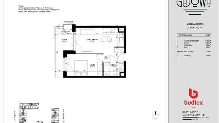 Rzut - Mieszkanie na sprzedaż 2 pokoje o powierzchni 38,06 m² - numer 92 w Gajowa bud. A