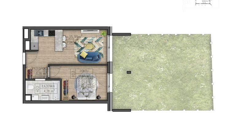 Rzut - Mieszkanie na sprzedaż 2 pokoje o powierzchni 35,99 m² - numer H2 w Osiedle Parkowe