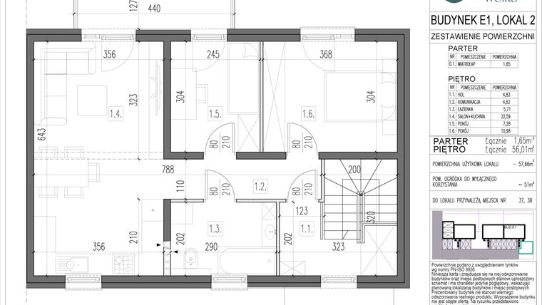 Rzut - Mieszkanie na sprzedaż 3 pokoje o powierzchni 57,66 m² - numer E1.2 w Spokojna Wólka etap V