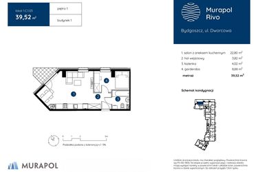 Rzut - Mieszkanie na sprzedaż 1 pokój o powierzchni 39,52 m² - numer 1.C.1.03 w Murapol Rivo