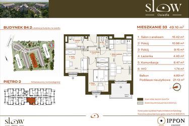 Rzut - Mieszkanie na sprzedaż 3 pokoje o powierzchni 70,29 m² - numer B4.2.33 w Osiedle SLOW