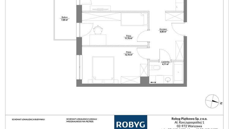 Rzut - Mieszkanie na sprzedaż 3 pokoje o powierzchni 61,37 m² - numer 1M05 w Piątkowo Residence