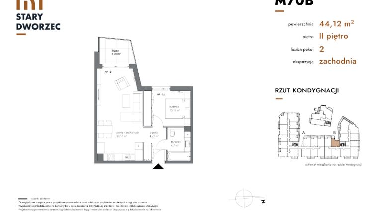 Rzut - Mieszkanie na sprzedaż 2 pokoje o powierzchni 44,12 m² - numer M 70B w Stary Dworzec