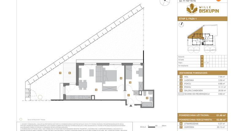 Rzut - Mieszkanie na sprzedaż 3 pokoje o powierzchni 51,49 m² - numer S2 w Wille Biskupin Etap 2.1
