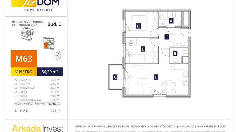 Rzut - Mieszkanie na sprzedaż 3 pokoje o powierzchni 54,42 m² - numer M63_F.c w Osiedle forDOM – etap C