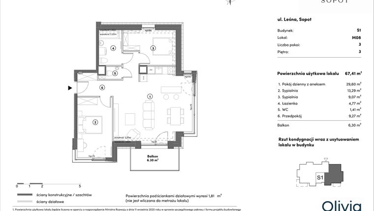 Rzut - Mieszkanie na sprzedaż 3 pokoje o powierzchni 67,41 m² - numer s1.3.08 w Leśna Sopot