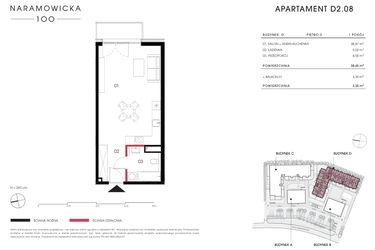 Rzut - Mieszkanie na sprzedaż 1 pokój o powierzchni 38,45 m² - numer D 2.08 w Naramowicka 100