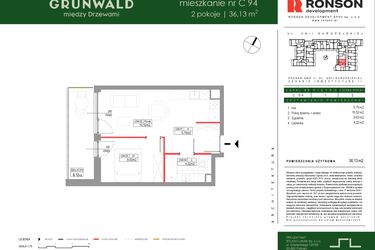 Rzut - Mieszkanie na sprzedaż 2 pokoje o powierzchni 36,13 m² - numer C094 w Grunwald Między Drzewami etap III