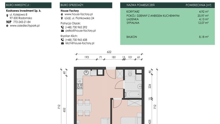 Rzut - Mieszkanie na sprzedaż 2 pokoje o powierzchni 42,09 m² - numer 21 w Osiedle City Park