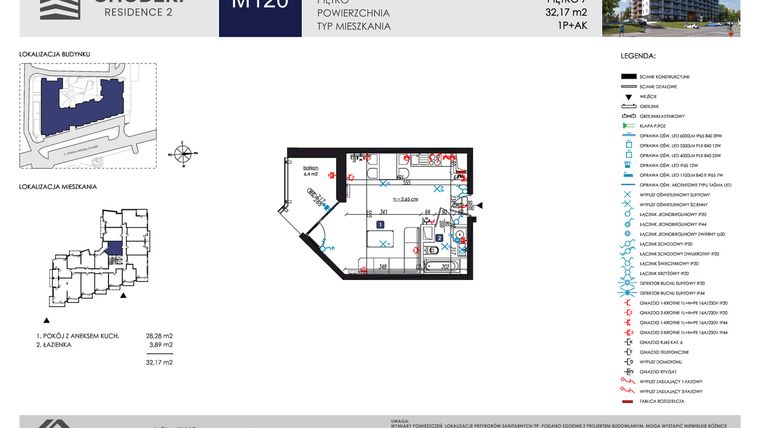 Rzut - Mieszkanie na sprzedaż 1 pokój o powierzchni 32,17 m² - numer M120 w Chodźki Residence 2