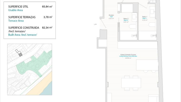 Rzut - Mieszkanie na sprzedaż 2 pokoje o powierzchni 65 m² - numer 2C w Allonbay Urban - Villajoyosa