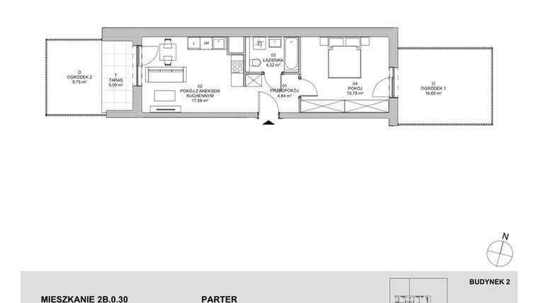 Rzut - Mieszkanie na sprzedaż 2 pokoje o powierzchni 42,52 m² - numer 2B.0.30 w Francuska Park VIIIA