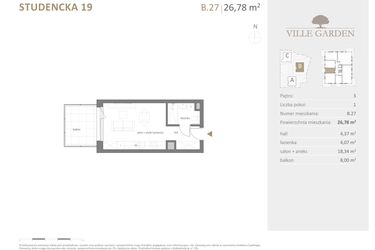 Rzut - Mieszkanie na sprzedaż 1 pokój o powierzchni 26,78 m² - numer B.27 w Ville Garden