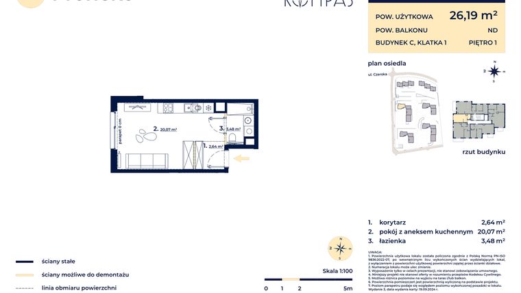 Rzut - Mieszkanie na sprzedaż 1 pokój o powierzchni 26,07 m² - numer C08 w Osiedle Kompas