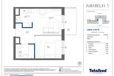 Rzut - Mieszkanie na sprzedaż 2 pokoje o powierzchni 37,07 m² - numer C.P2.70 w Mirabelki 5