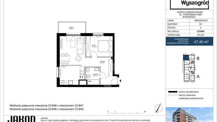 Rzut - Mieszkanie na sprzedaż 2 pokoje o powierzchni 47,4 m² - numer C2.B48 w Nowy Wyszogród etap II