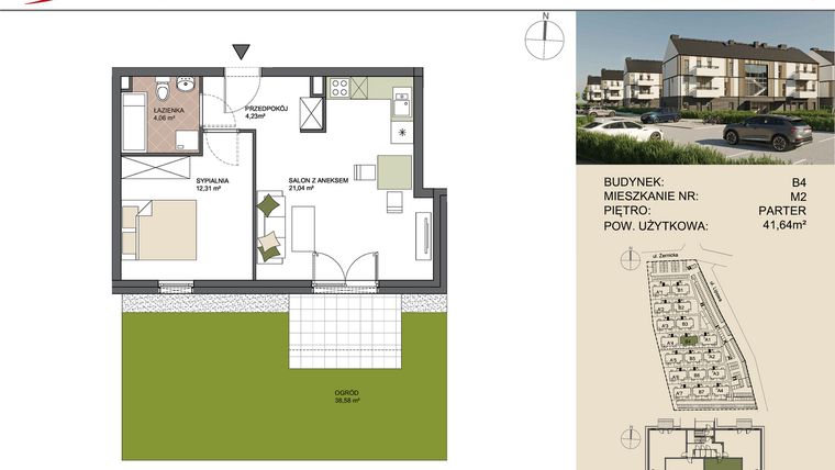 Rzut - Mieszkanie na sprzedaż 2 pokoje o powierzchni 41,64 m² - numer B4/2 w Osiedle Przy Lipowej