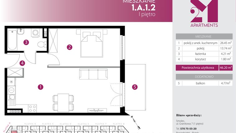 Rzut - Mieszkanie na sprzedaż 2 pokoje o powierzchni 46,2 m² - numer 1.A.1.2 w Maślice Wrocław Milo Dobry Deweloper etap IV