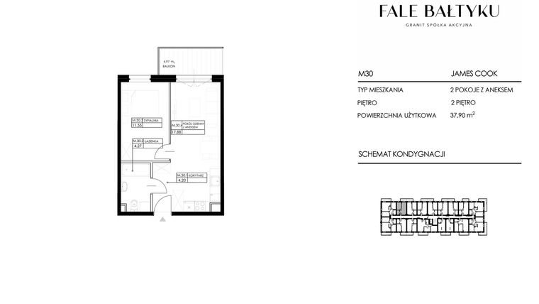 Rzut - Mieszkanie na sprzedaż 2 pokoje o powierzchni 37,9 m² - numer FBJC-M30 w Fale Bałtyku Cook