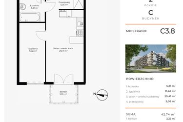 Rzut - Mieszkanie na sprzedaż 2 pokoje o powierzchni 42,74 m² - numer C3.8 w Enklawa Bukowa II