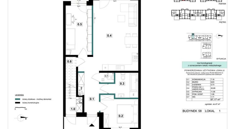 Rzut - Mieszkanie na sprzedaż 3 pokoje o powierzchni 67,17 m² - numer 58-1 w Błonie Bosco