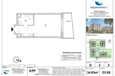 Rzut - Mieszkanie na sprzedaż 1 pokój o powierzchni 34,83 m² - numer D3.08 w Aquamarina 3