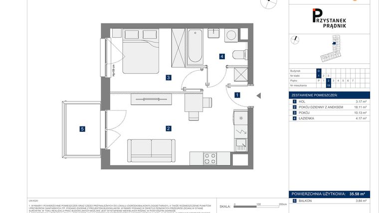 Rzut - Mieszkanie na sprzedaż 2 pokoje o powierzchni 35,58 m² - numer 19 w Przystanek Prądnik