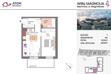 Rzut - Mieszkanie na sprzedaż 2 pokoje o powierzchni 42,6 m² - numer Bud.7-4 w Willa Magnolia