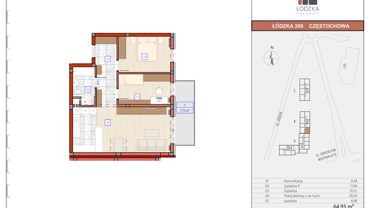 Rzut - Mieszkanie na sprzedaż 3 pokoje o powierzchni 65,15 m² - numer B.M.26 w Łódzka Osiedle