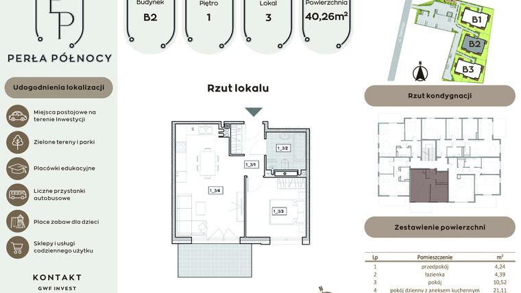Rzut - Mieszkanie na sprzedaż 2 pokoje o powierzchni 40,26 m² - numer B2.1_3 w Perła Północy etap 2