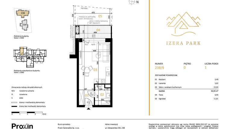 Rzut - Mieszkanie na sprzedaż 1 pokój o powierzchni 32,55 m² - numer 23B/9 w Izera Park