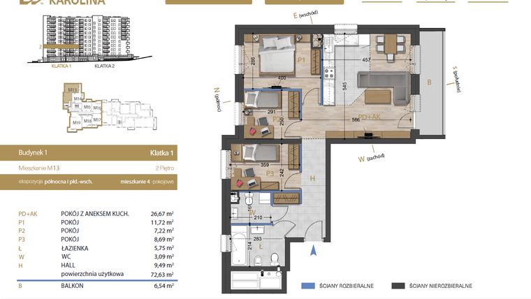 Rzut - Mieszkanie na sprzedaż 4 pokoje o powierzchni 72,63 m² - numer 13 w Osiedle Dakar Karolina