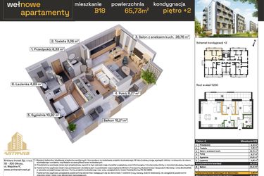 Rzut - Mieszkanie na sprzedaż 3 pokoje o powierzchni 65,93 m² - numer B18 w Osiedle Wełnowe Apartamenty