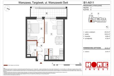 Rzut - Mieszkanie na sprzedaż 2 pokoje o powierzchni 39,05 m² - numer B1-A011 w Warszawski Świt etap VIII