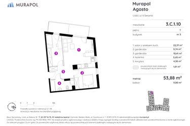 Rzut - Mieszkanie na sprzedaż 1 pokój o powierzchni 53,88 m² - numer 3.C.1.10 w Murapol Agosto