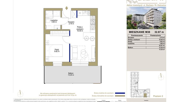 Rzut - Mieszkanie na sprzedaż 2 pokoje o powierzchni 32,87 m² - numer M38 w Barbary 19