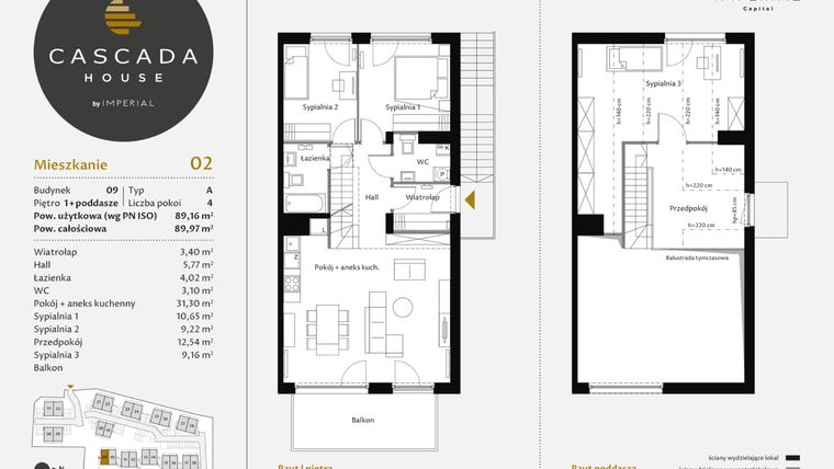 Rzut - Mieszkanie na sprzedaż 4 pokoje o powierzchni 89,44 m² - numer 9.2 w CASCADA House