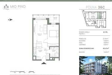 Rzut - Mieszkanie na sprzedaż 2 pokoje o powierzchni 40,47 m² - numer 1.5 w Mio Pino