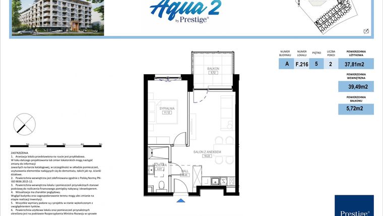 Rzut - Mieszkanie na sprzedaż 2 pokoje o powierzchni 39,49 m² - numer F.216 w Bel Mare (Międzyzdroje)