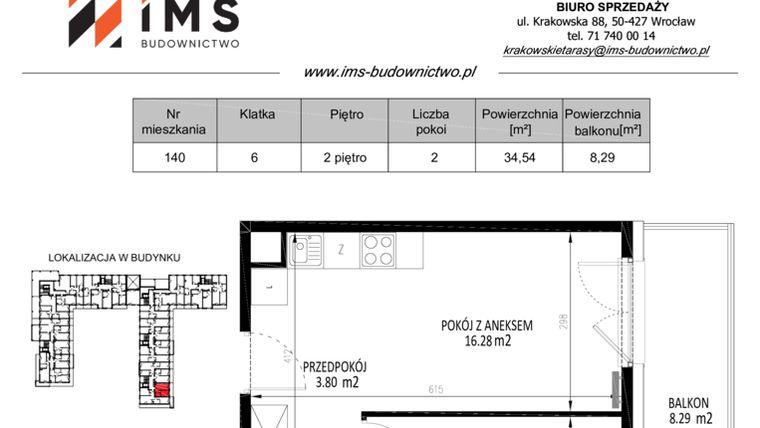 Rzut - Mieszkanie na sprzedaż 2 pokoje o powierzchni 34,58 m² - numer 140 w Krakowskie Tarasy etap V