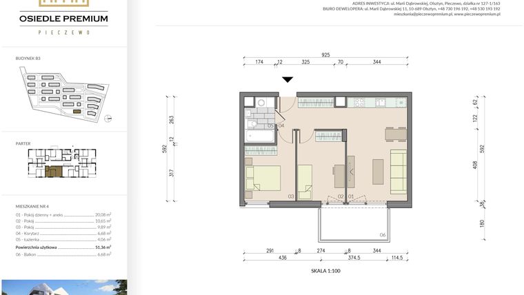 Rzut - Mieszkanie na sprzedaż 3 pokoje o powierzchni 51,36 m² - numer B3.4 w Osiedle Premium etap IV