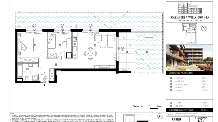 Rzut - Mieszkanie na sprzedaż 3 pokoje o powierzchni 59,31 m² - numer B01 w Kazimierza Wielkiego 42A etap II