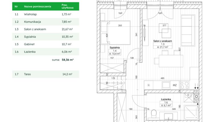 Rzut - Mieszkanie na sprzedaż 3 pokoje o powierzchni 58,36 m² - numer B4M7 w Nefrytowa Park