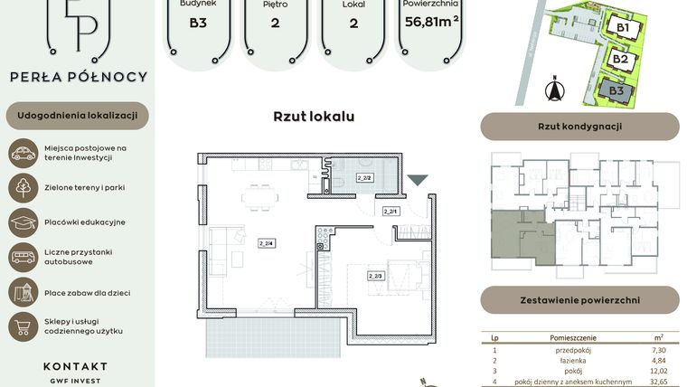Rzut - Mieszkanie na sprzedaż 2 pokoje o powierzchni 56,81 m² - numer B3.2_2 w Perła Północy etap 2