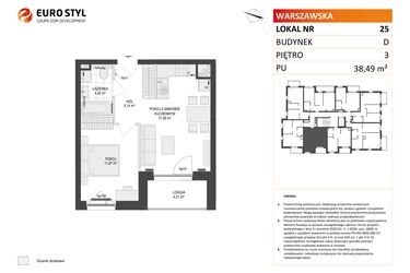 Rzut - Mieszkanie na sprzedaż 2 pokoje o powierzchni 38,49 m² - numer D.25 w Osiedle Warszawska etap II