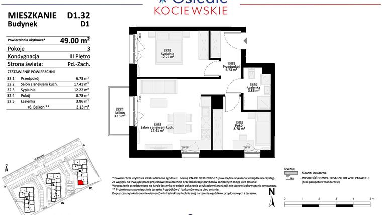 Rzut - Mieszkanie na sprzedaż 3 pokoje o powierzchni 49 m² - numer D1.32 w Osiedle Kociewskie etap IV